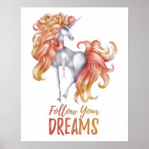 Affiche Suivez vos rêves - Licorne orange et blanche