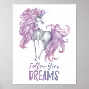 Affiche Suivez vos rêves - Licorne violette et blanche