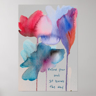 Affiche Suivez votre citation âme Fleurs bleu aquarelle