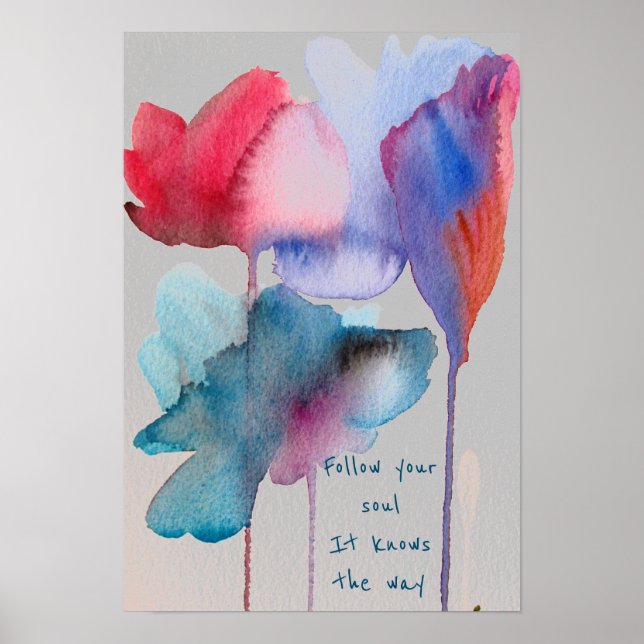 Affiche Suivez votre citation âme Fleurs bleu aquarelle (Devant)