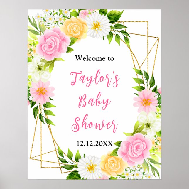 Affiche Summer Pink Yellow Floral Baby Shower Welcome Sign (Devant)