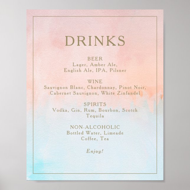 Affiche Summer Sunset Watercolor drinks menu sign  (Devant)