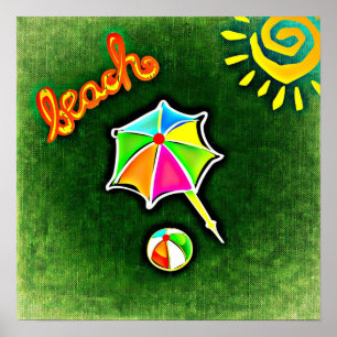 Affiche Summer Vacances Plage Parapluie et Balle