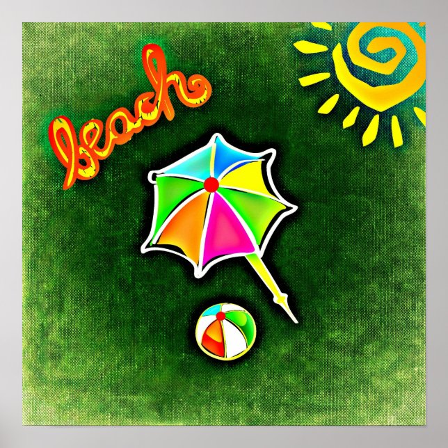 Affiche Summer Vacances Plage Parapluie et Balle (Devant)