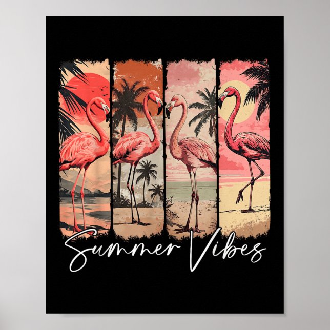 Affiche Summer Vibes Beach Flamant rose rose Palm Tree été (Devant)