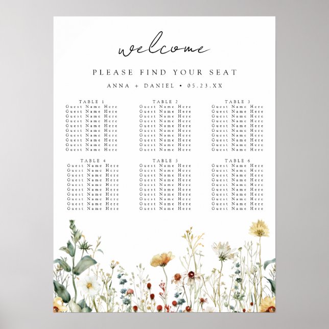 Affiche Summer Wildflower Field Wedding Seating Chart (Devant)
