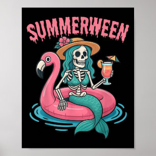 Affiche Summerween Mermaid Skeleton Beach Flamant rose Hal