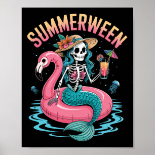 Affiche Summerween Mermaid Skeleton Beach Flamant rose Hal