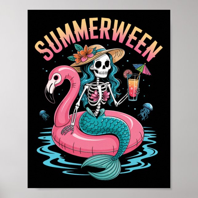 Affiche Summerween Mermaid Skeleton Beach Flamant rose Hal (Devant)