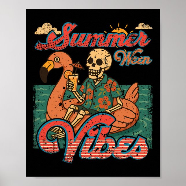 Affiche Summerween Vibes Skeleton Flamant rose Flotte été  (Devant)