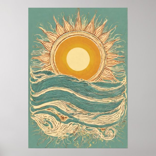 Affiche Sun Fiery sur Green Sun Illustration Mur Art Impri (Devant)
