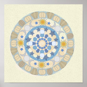 Affiche Sun Moon Stars Yellow et Blue Mandala Print
