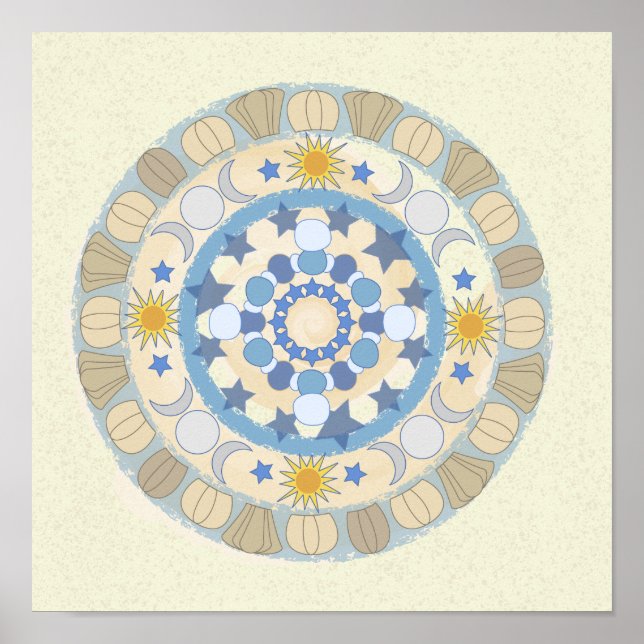 Affiche Sun Moon Stars Yellow et Blue Mandala Print (Devant)