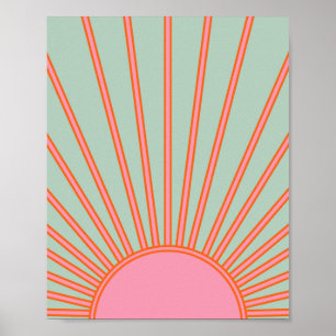 Affiche Sun Sunrise Green And Pink Abstract Retro Sunshine