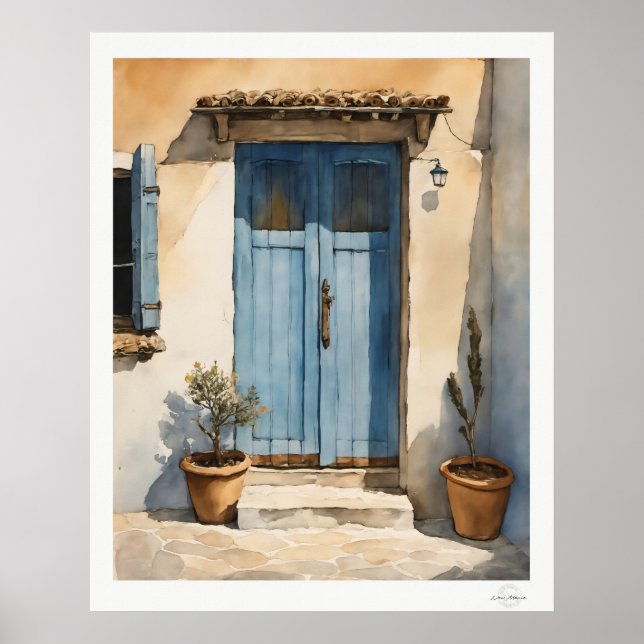 Affiche Sun-Washed Blue Village Door Oil Painting (Devant)