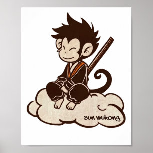 Affiche Sun Wukong surfant sur un roi singe chinois nuage