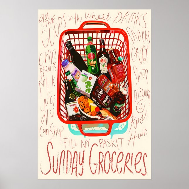 Affiche Sunday Groceries Print Red Shopping Basket, Foodie (Devant)