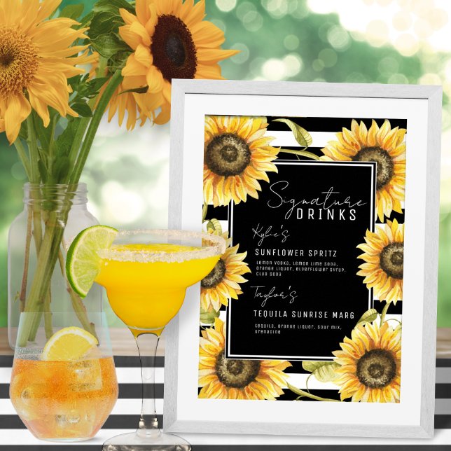 Affiche Sunflower Black Stripe Signature Boissons Mariage (Créateur téléchargé)