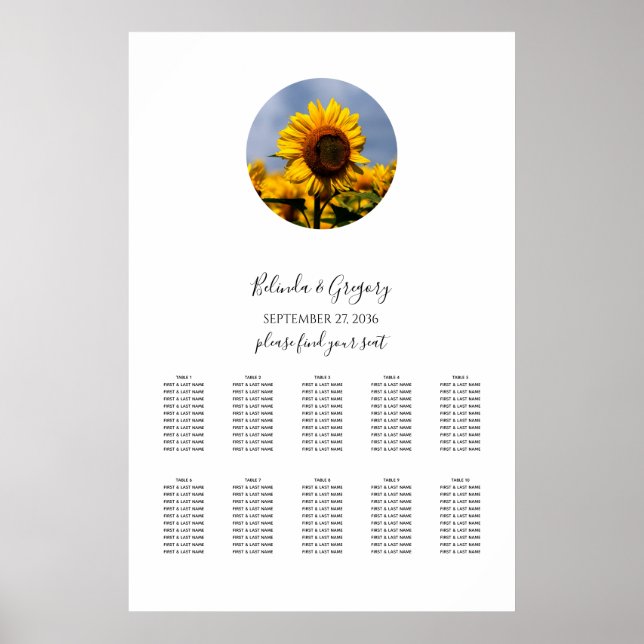 Affiche Sunflower Blue Sky Rustic Mariage Carte de siège (Devant)