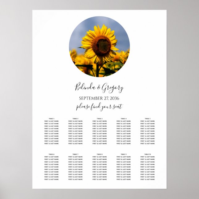 Affiche Sunflower Blue Sky Rustic Mariage Carte de siège (Devant)