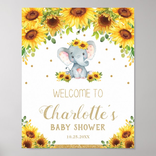 Affiche Sunflower Elephant Baby shower Anniversaire Bienve (Devant)