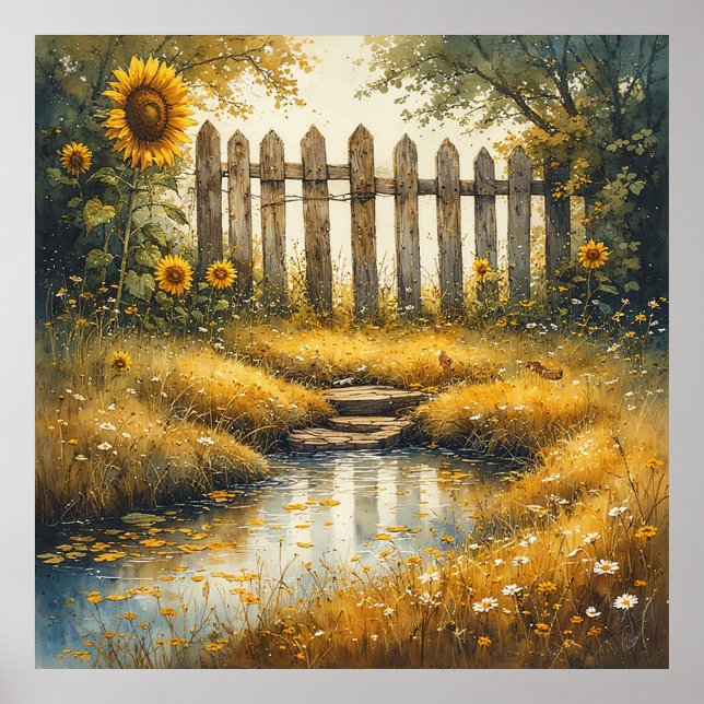 Affiche Sunflower Field With Rustic Fence (Devant)