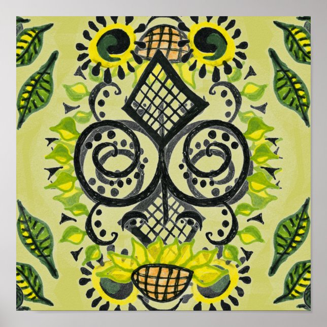 Affiche Sunflower Folk Art Motif (Devant)