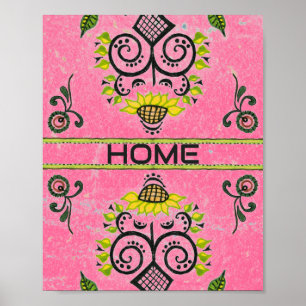 Affiche Sunflower Folk Motif en rose