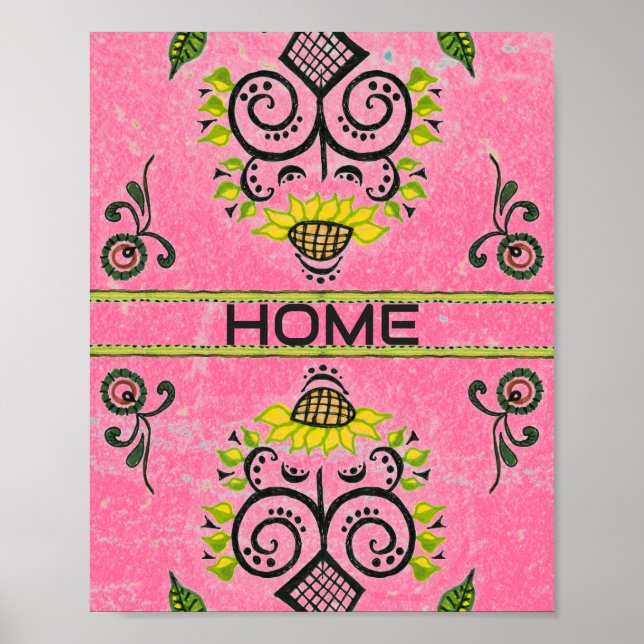 Affiche Sunflower Folk Motif en rose (Devant)