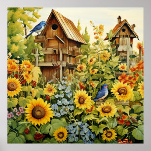 Affiche Sunflower Garden Bird Maisons Oiseaux bleus
