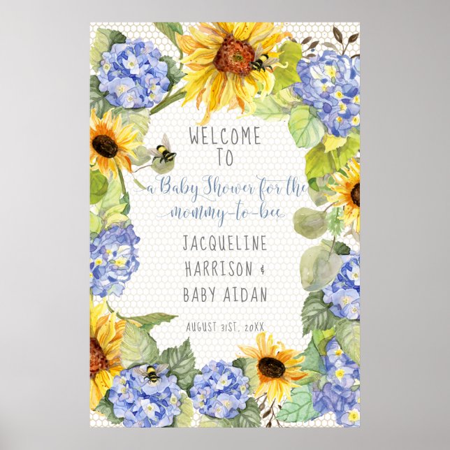 Affiche Sunflower Mommy to Bee Bumblebee Blue Hydrangeas (Devant)