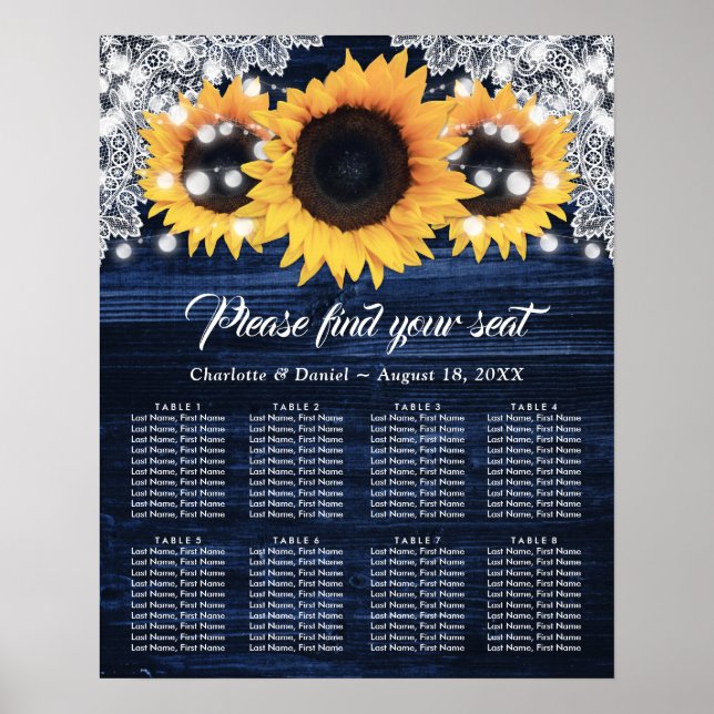 Affiche Sunflower Navy Blue Wood Wedding Seating Chart 8 (Devant)