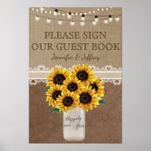 Affiche Sunflower Rustic Mason Jar Wedding Guest Book Sign