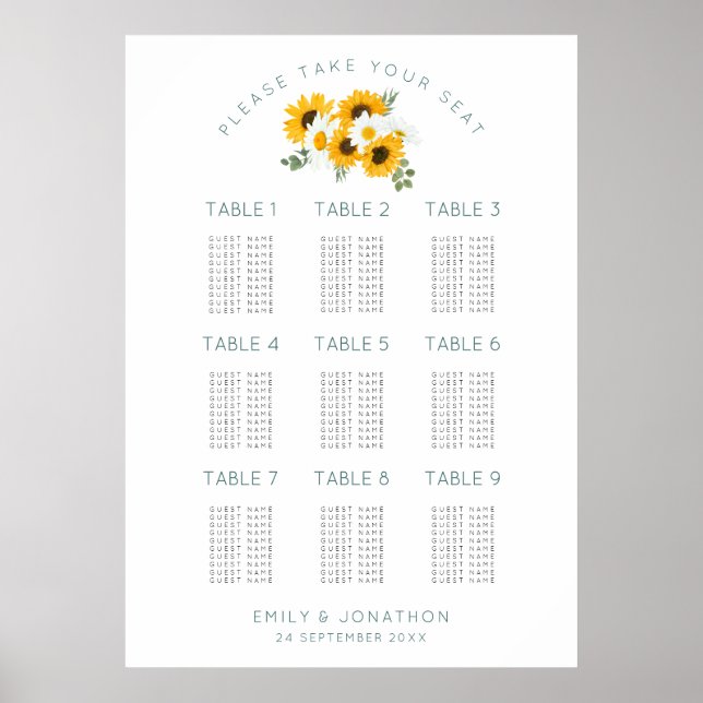 Affiche Sunflowers 9 Tables 90 Guest Seating Chart (Devant)