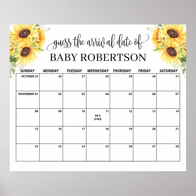 Affiche Sunflowers Baby Shower Guess Due Date Calendar (Devant)