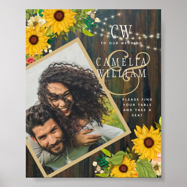 Affiche Sunflowers Rustic Wood PHOTO Mariage Enregistrer l (Devant)
