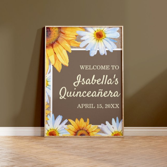Affiche Sunflowers White Daisy Burlap Quinceañera Bienvenu (Créateur téléchargé)