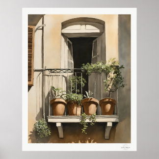 Affiche Sunlit Balcony with Flowers Oil Painting Print