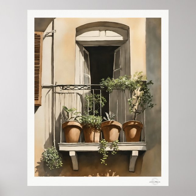 Affiche Sunlit Balcony with Flowers Oil Painting Print (Devant)