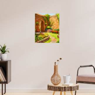 Affiche Sunlit Stone Courtyard Garden Path Watercolor Art