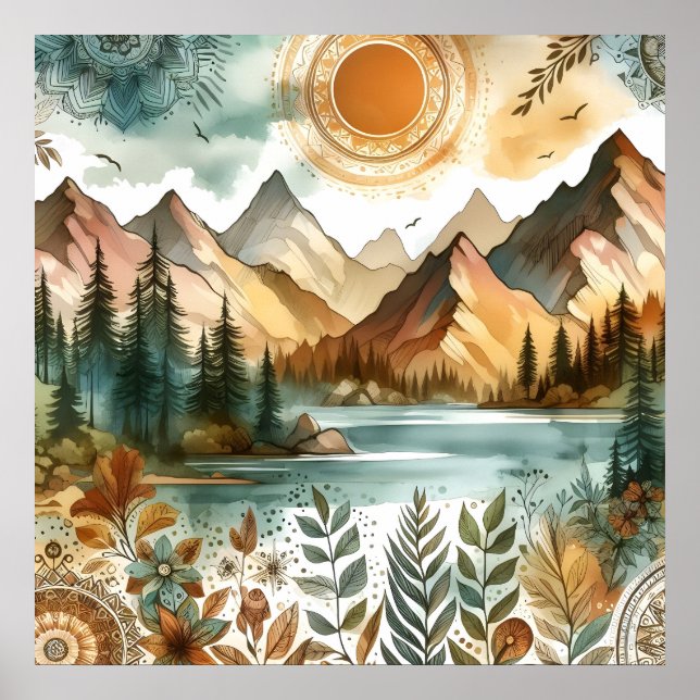 Affiche Sunny Rustic Boho Nature Pattern Mountain Lake (Devant)