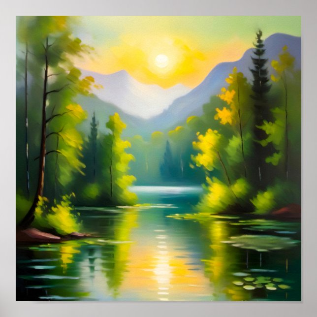 Affiche Sunrise over snow covered mountains and lake (Devant)