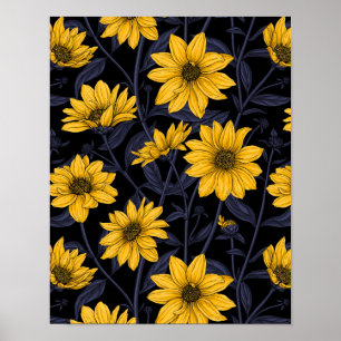 Affiche Sunroot, tournesol sauvage en jaune et bleu