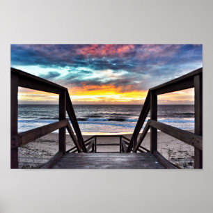 Affiche Sunset Beach Vue de Rustic Wood Deck