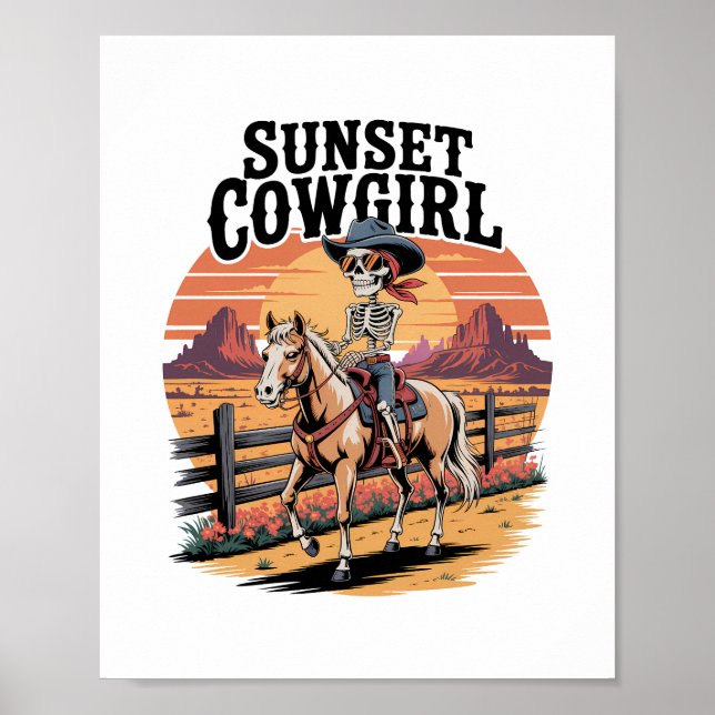 Affiche Sunset Cowgirl Skeleton équitation Cheval (Devant)