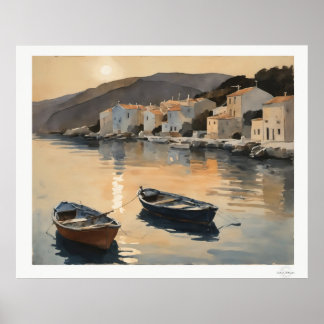 Affiche Sunset Harbor Reflection Oil Painting Art Print
