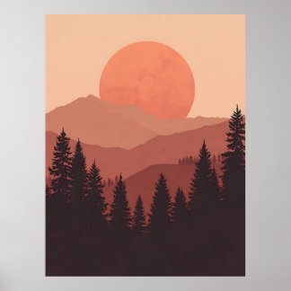 Affiche Sunset Mountain Forest Nature Illustration