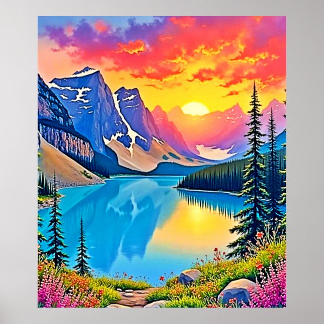 Affiche Sunset Mountain Lake Majesty Art (Devant)
