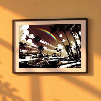 Affiche Sunset Muscle Car Hawaii Rainbow Retro Street Art