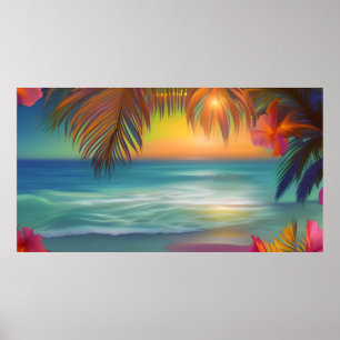 Affiche Sunset Plage Tropical Sable palmiers de l'océan Fl